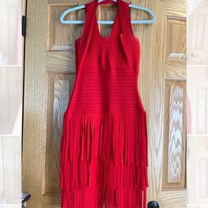 Short red fringe dress.